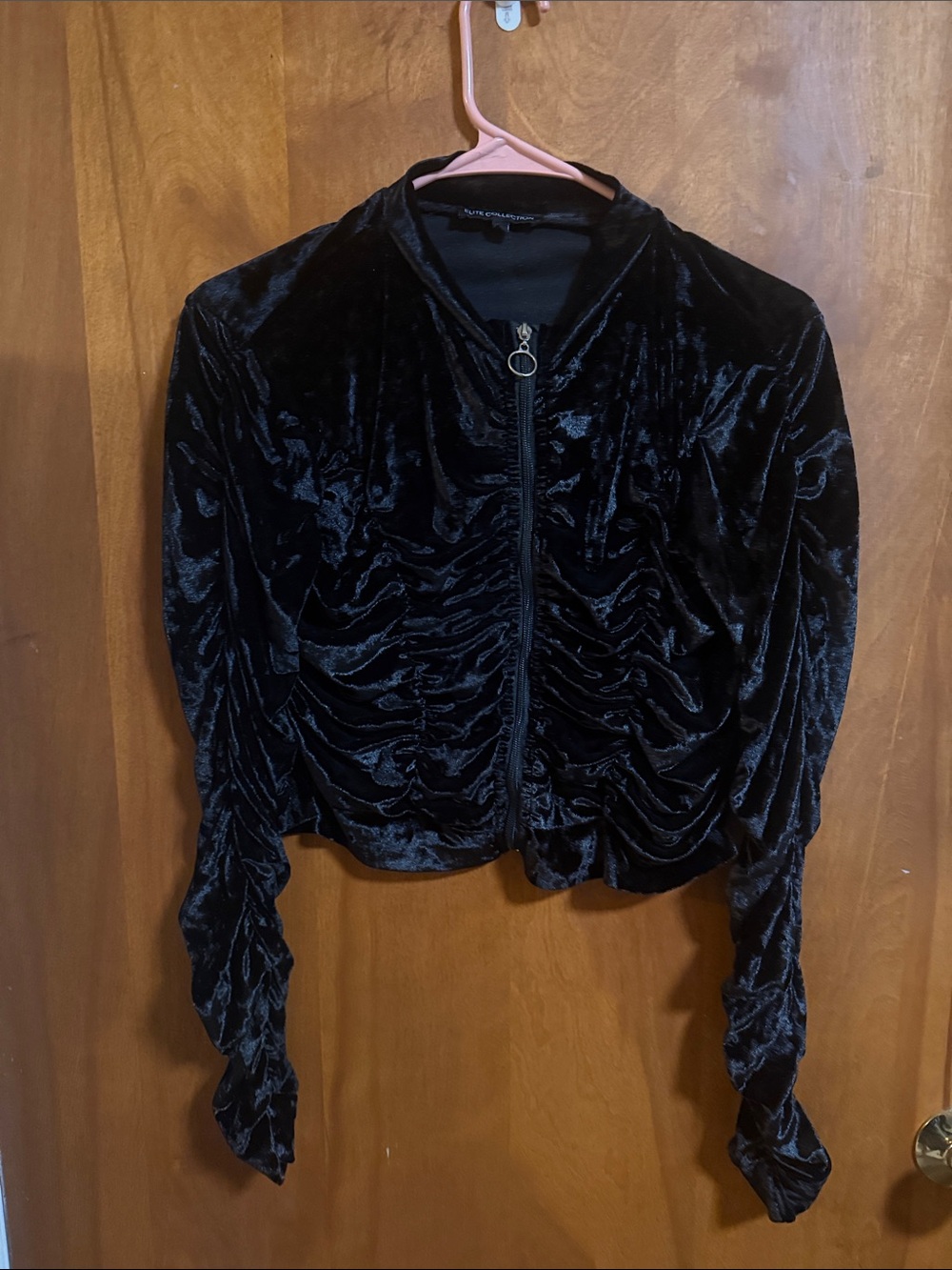 Black Cropped Velvet Zip Up